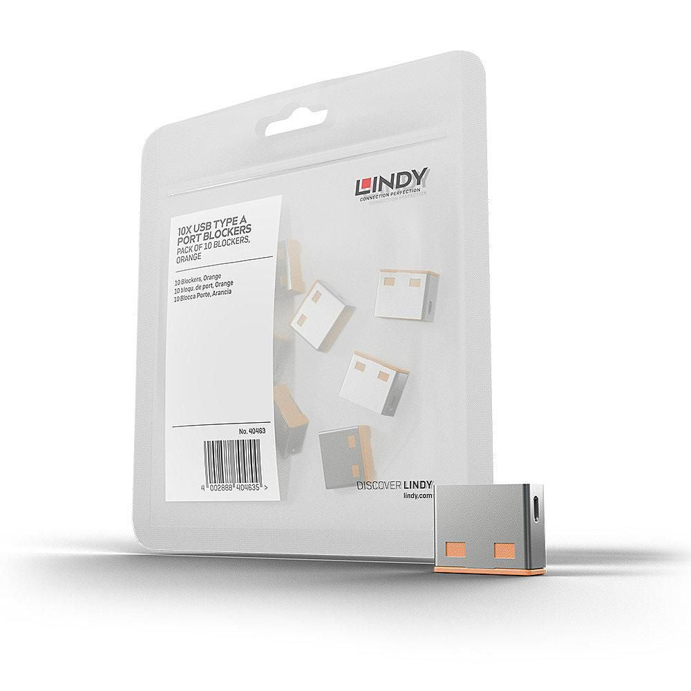 Lindy USB-A Port Blocker 10-pak, orange, små USB-blokkere synlige i emballagen samt én placeret foran.
