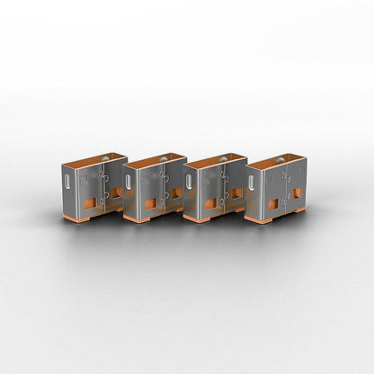 Lindy USB-A Port Blocker Orange 10-pak, fire grå-orange metalbokse med udskæringer og låse til portblokering.