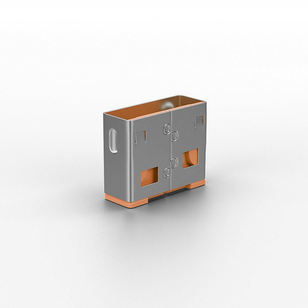 Lindy USB-A Port Blocker Orange 10-pak, rektangulær sølv/orange, udskæringer, sidehåndtag, frontlåger.