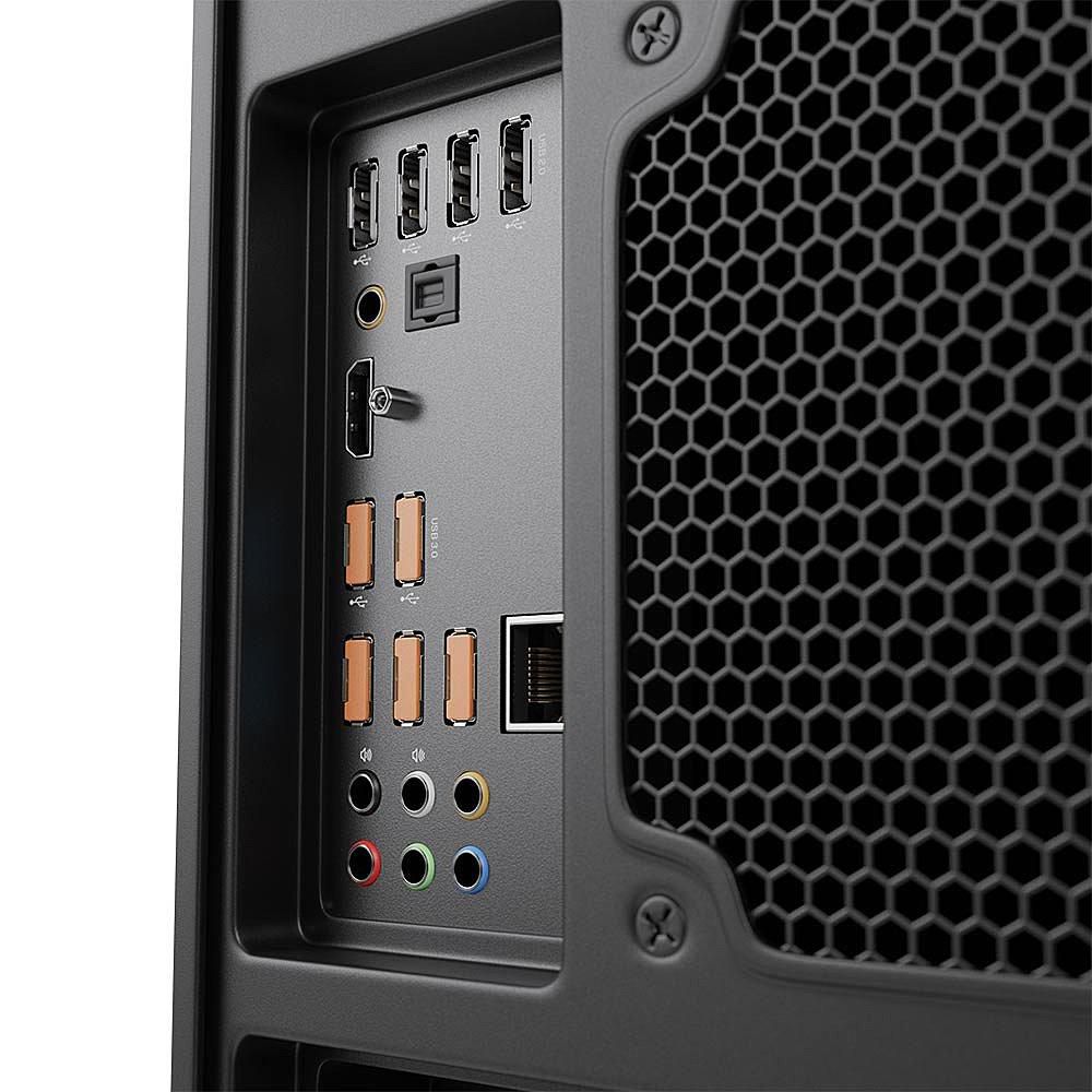 Lindy USB-A Port Blocker Orange 10-pak monteret i USB-A port nær Ethernet, HDMI, lydstik og sekskantet ventilation.