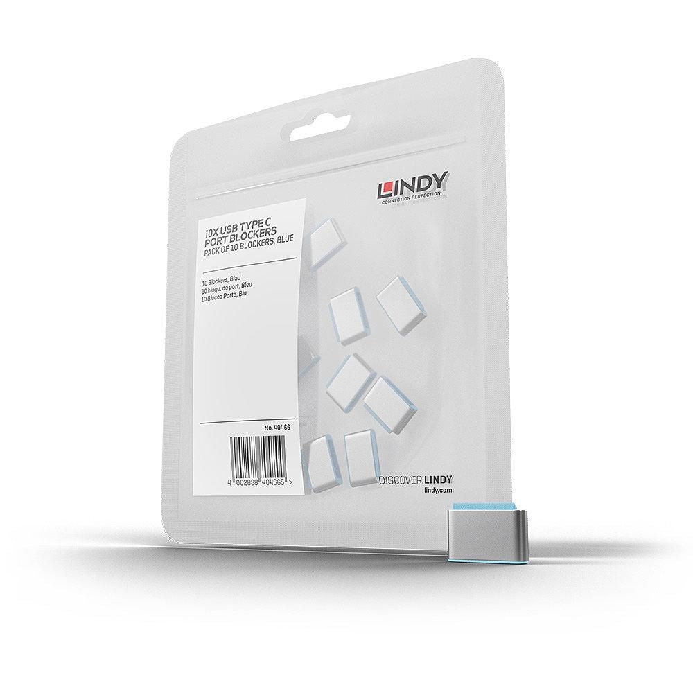 Lindy USB-C Port Blocker blå 10-pak, retail pack opretstående, en blå-kantet Thunderbolt 3 port blocker forrest.