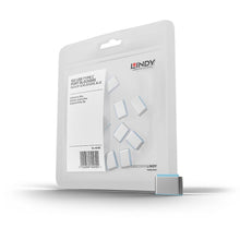 Lindy USB-C Port Blocker blå 10-pak, retail pack opretstående, en blå-kantet Thunderbolt 3 port blocker forrest.