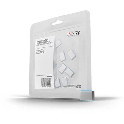 Lindy USB-C Port Blocker blå 10-pak, retail pack opretstående, en blå-kantet Thunderbolt 3 port blocker forrest.