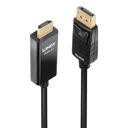Lindy Aktiv DisplayPort til HDMI kabel 2m, guldstik med DISPLAY og SOURCE mærkning, understøtter 4K ved 60Hz.