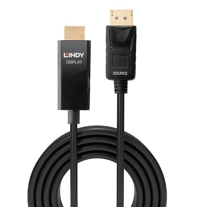 Lindy Aktiv DisplayPort til HDMI kabel 2 m sort, LINDY DISPLAY på HDMI-enden, SOURCE på DisplayPort, understøtter 4K60Hz.