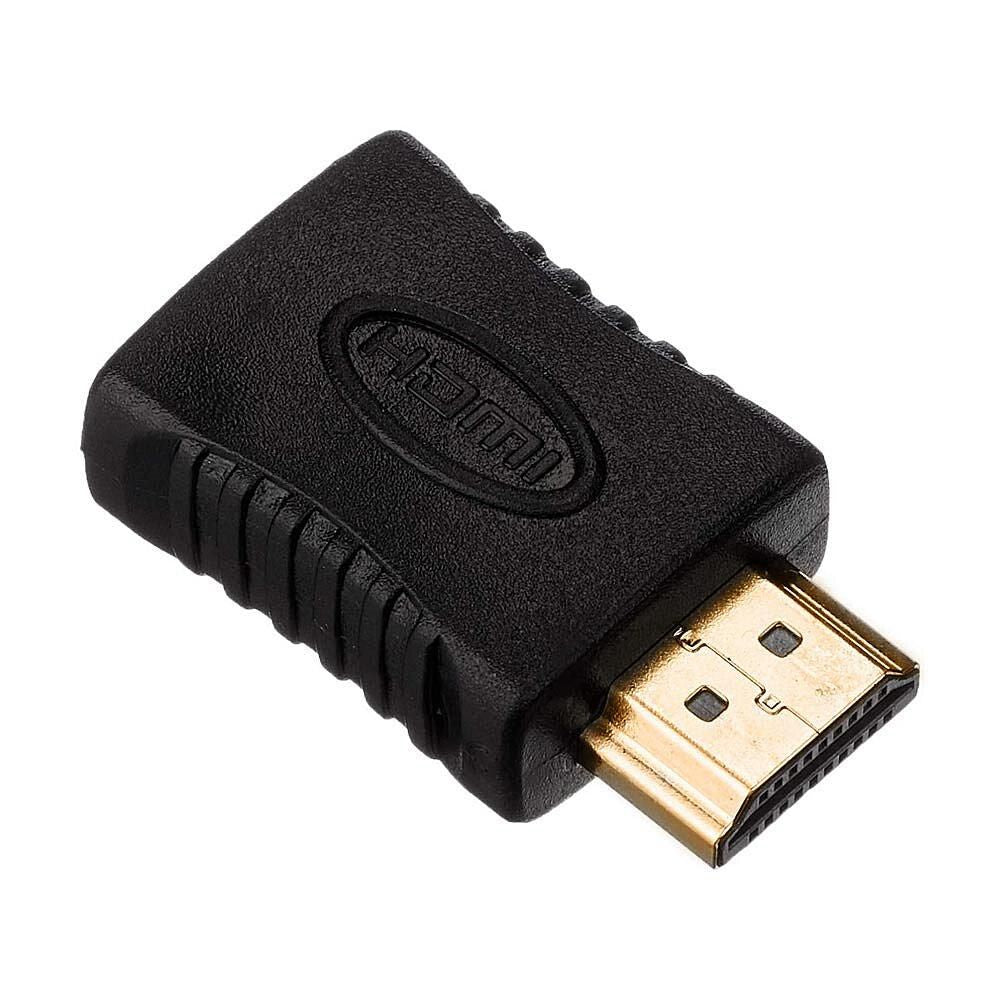 Lindy HDMI CEC Adapter hun til han, sort, guld-belagt hanstik, teksturerede sidegreb, HDMI-logo på toppen.