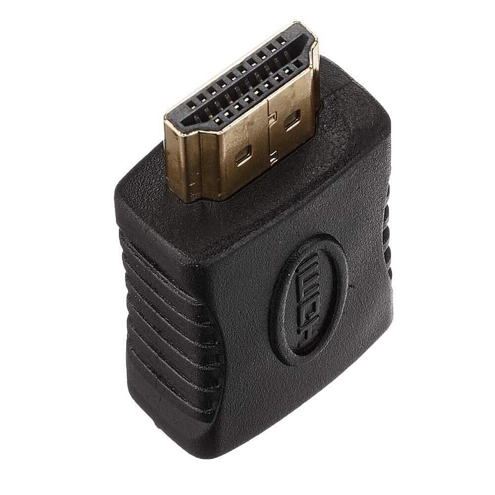 Lindy HDMI CEC Adapter Hun til Han sort, vinkeladapter med guldbelagt stik, rillet greb og HDMI-logo.