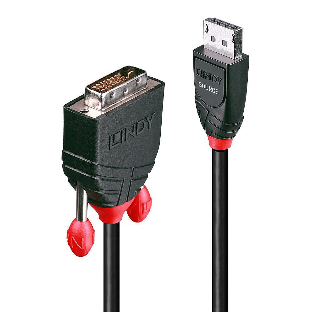 DisplayPort til DVI-D kabel 2 m, sort, DisplayPort stik og DVI stik med røde låseskruer.