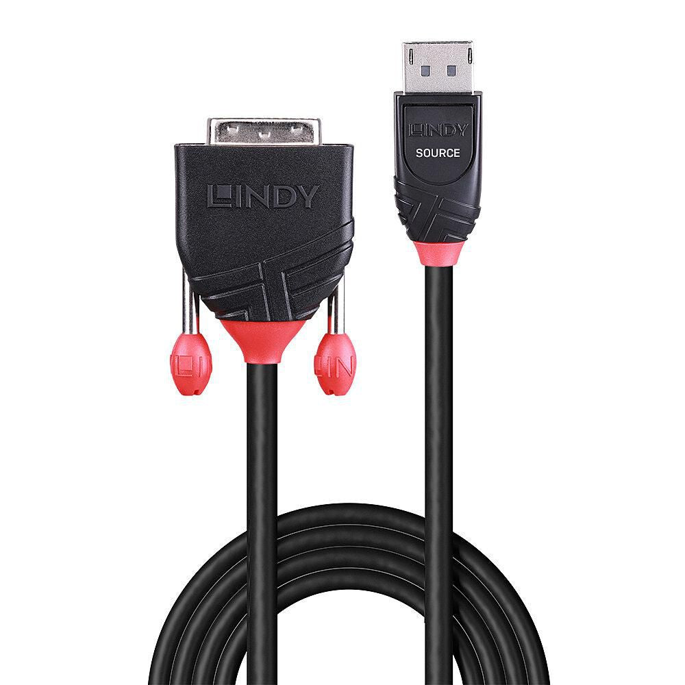 DisplayPort til DVI-D kabel 2 m, sort/rød med mærkede stik og DVI beskyttelseshætter.