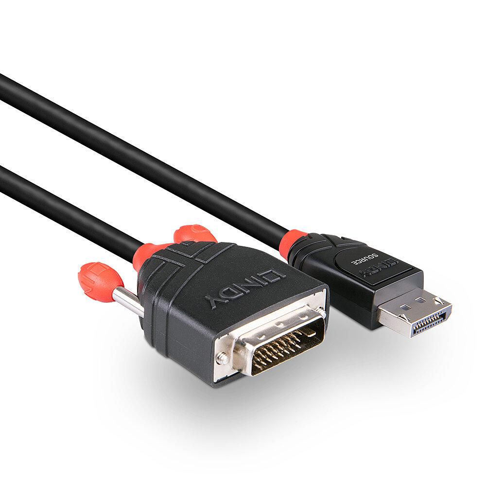 DisplayPort til DVI-D kabel 2 m sort med DisplayPort i den ene ende og DVI i den anden, røde detaljer på stik.