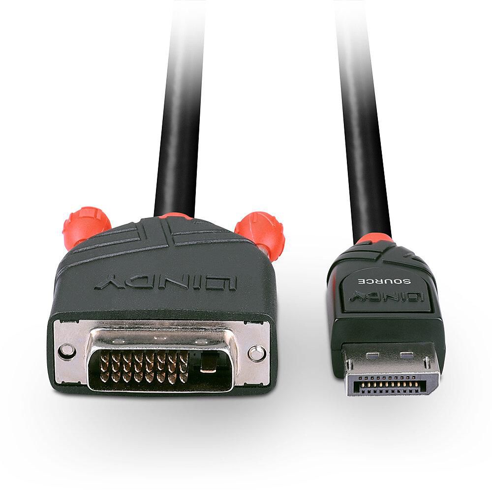 Lindy DisplayPort til DVI-D kabel 2 m, sort, DVI venstre/stik, DisplayPort SOURCE højre/stik, røde tommelskruer.