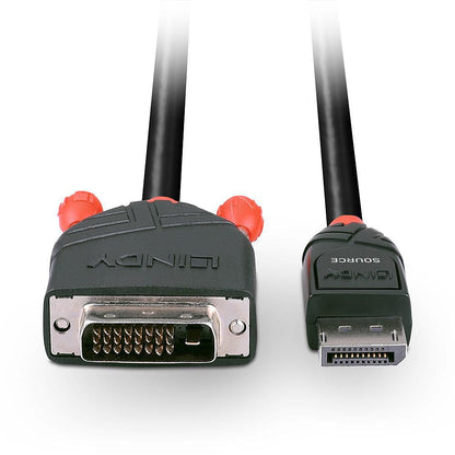 Lindy DisplayPort til DVI-D kabel 2 m, sort, DVI venstre/stik, DisplayPort SOURCE højre/stik, røde tommelskruer.