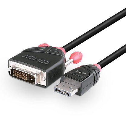 DisplayPort til DVI-D kabel 2m sort med pink detaljer på stik og skruer, DisplayPort i den ene ende, DVI-D i den anden.