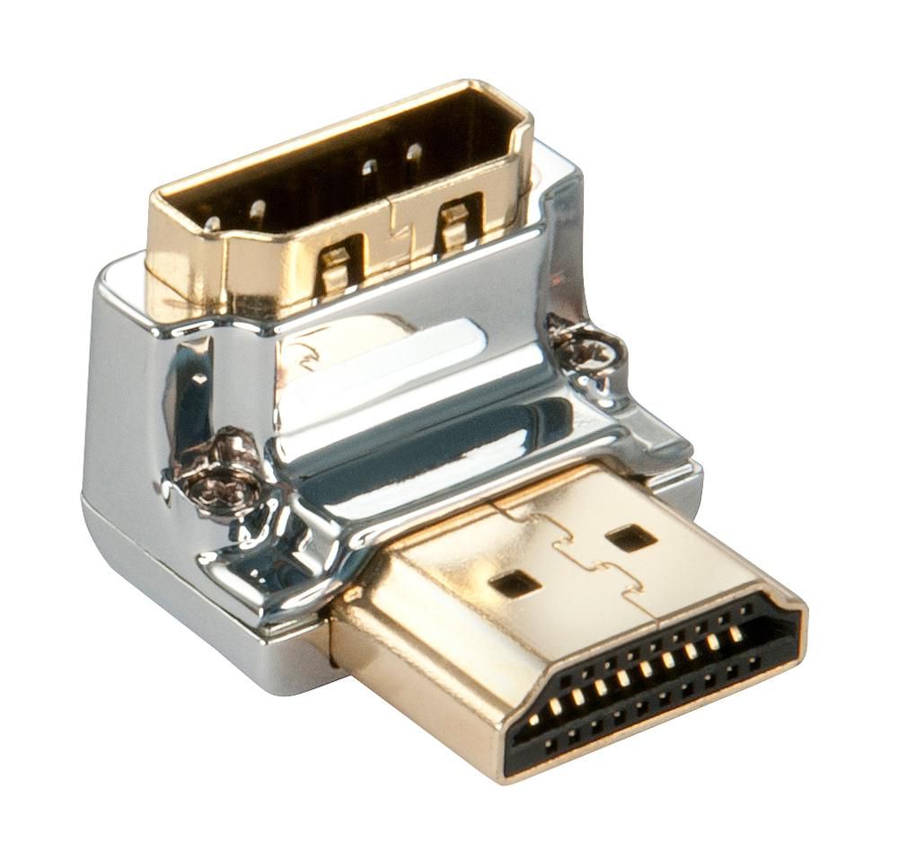 Lindy HDMI Han til Hun 90° Adapter Cromo Line, guldbelagt, metalhus, én han og én hun port til Ultra HD 4K.