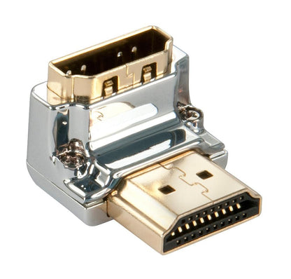 Lindy HDMI Han til Hun 90° Adapter Cromo Line, guldbelagt, metalhus, én han og én hun port til Ultra HD 4K.