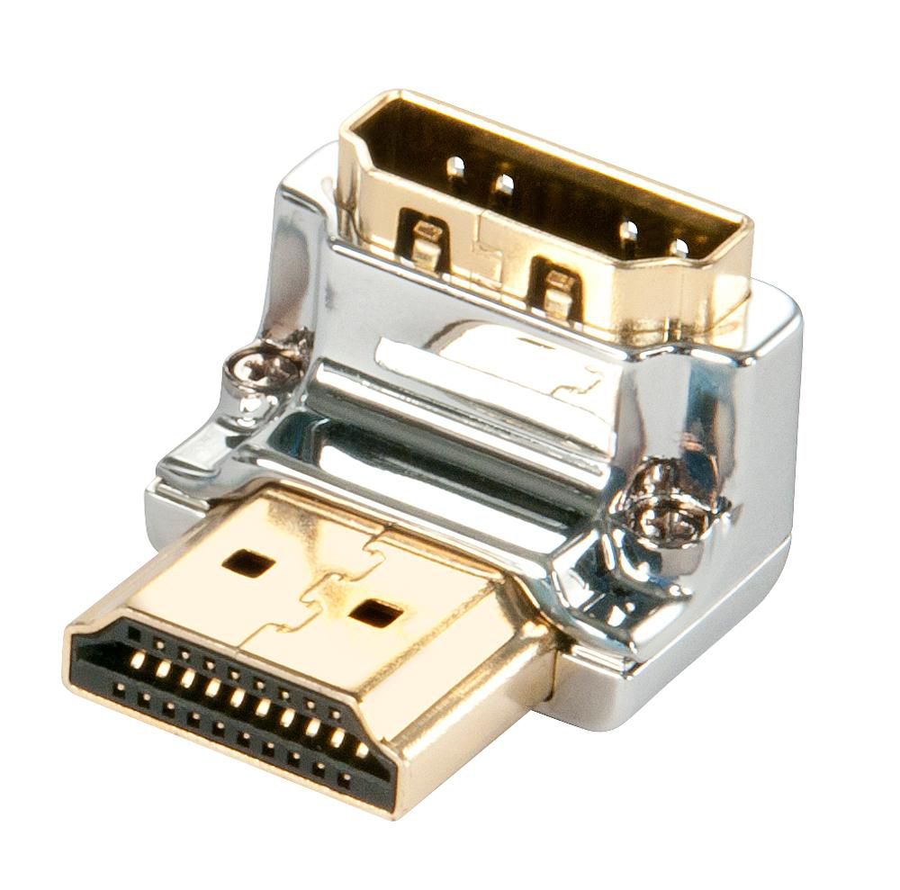 Lindy HDMI Han til Hun 90° Adapter Cromo Line, guldblæste stik, 4K Ultra HD, vinkeladapter til skærme.