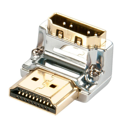 Lindy HDMI Han til Hun 90° Adapter Cromo Line, guldblæste stik, 4K Ultra HD, vinkeladapter til skærme.