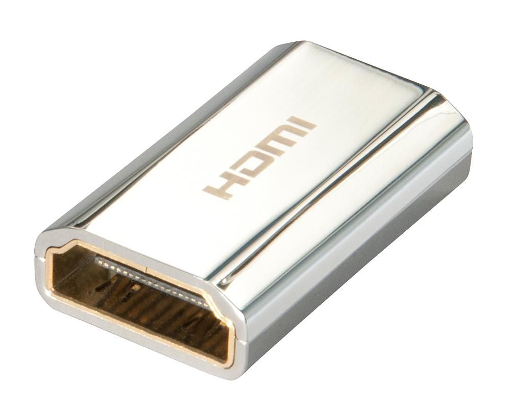 Lindy HDMI hun til hun adapter Cromo Line, guld farve, "HDMI" trykt på toppen, rektangulær port og metal kontakter.