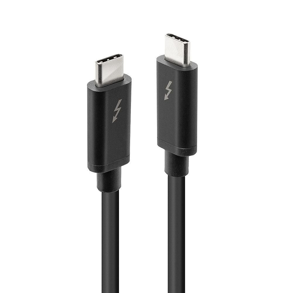 Thunderbolt 3 kabel passiv 2 m sort med USB-C stik og lightning bolt-symbol, understøtter op til 40Gbps dataoverførsel.