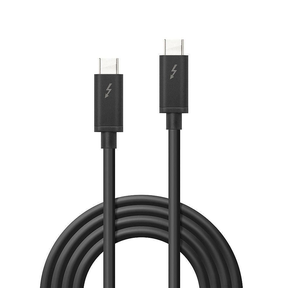 Lindy Thunderbolt 3 kabel passiv 2m sort, til USB-C stik med lynsymbol, synlige 40Gbps ender, oprullet nederst.