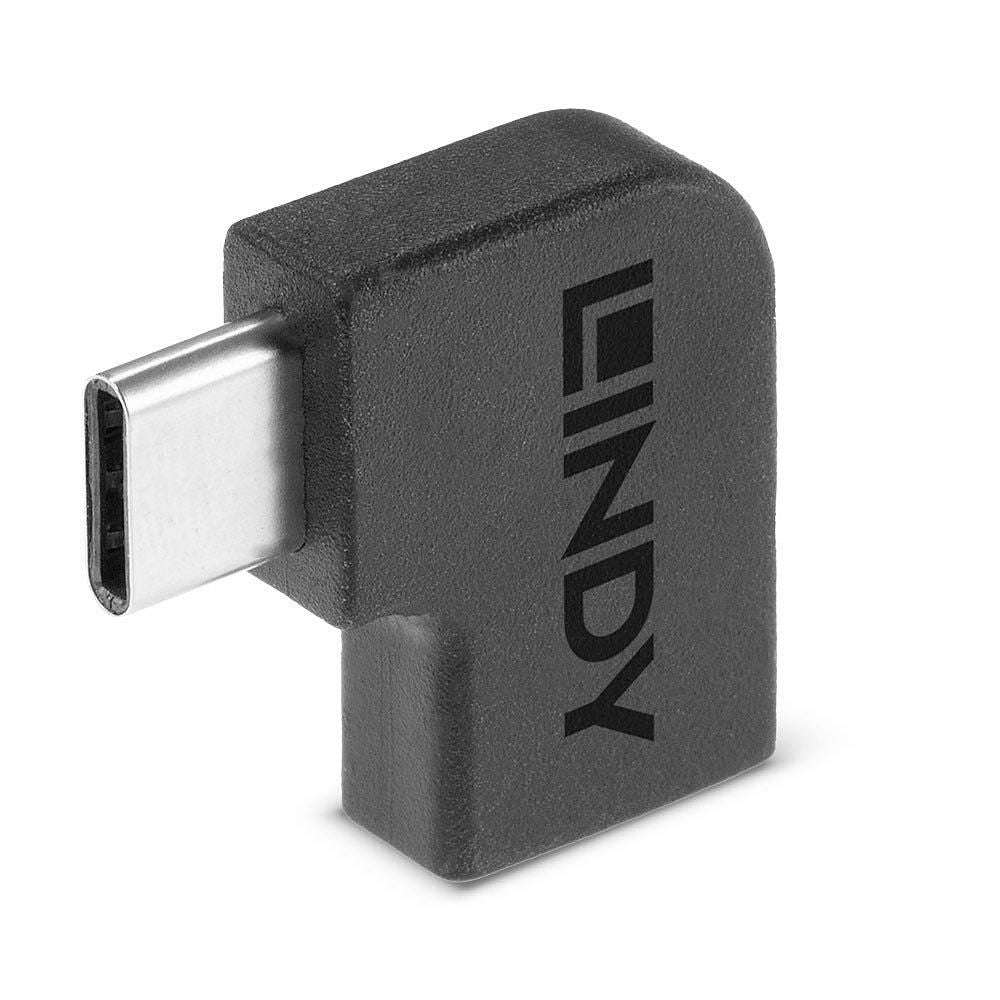 Lindy USB 3.2 Type C til C 90° vinkeladapter i sort med Lindy-logo printet på siden.