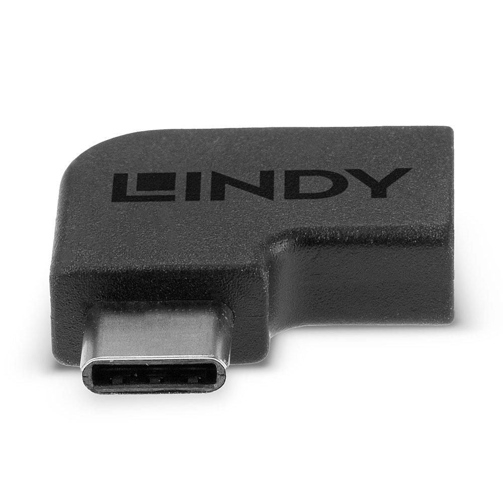 LINDY USB 3.2 Type C til C-adapter, sort, 90° vinkel, USB-C hun til han, LINDY-logo synligt på toppen.