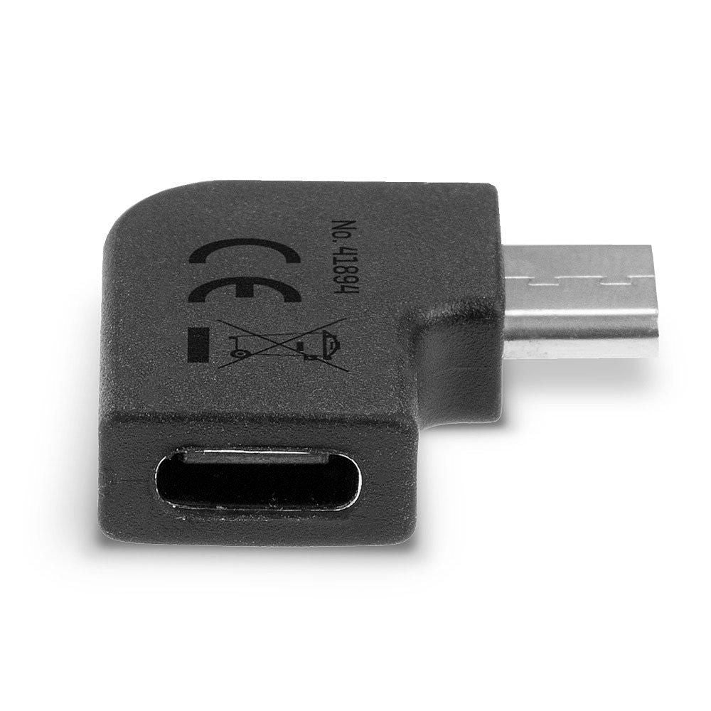 USB 3.2 Type C til C 90° adapter, sort, vinkelret USB-C hun til han, certificeringssymboler på overfladen.