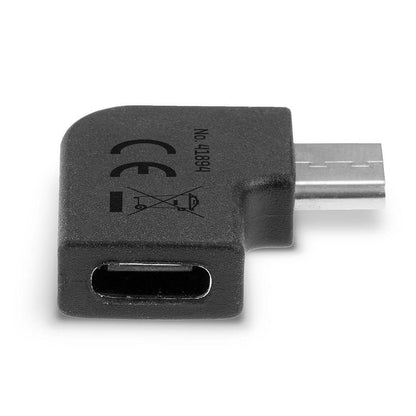 USB 3.2 Type C til C 90° adapter, sort, vinkelret USB-C hun til han, certificeringssymboler på overfladen.