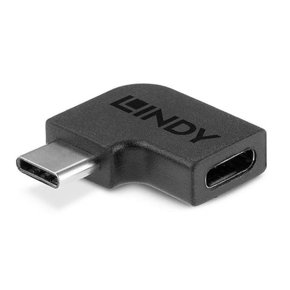 Lindy USB 3.2 Type C til C 90° sort adapter med Lindy-logo, USB-C han i den ene ende og USB-C hun i den anden.