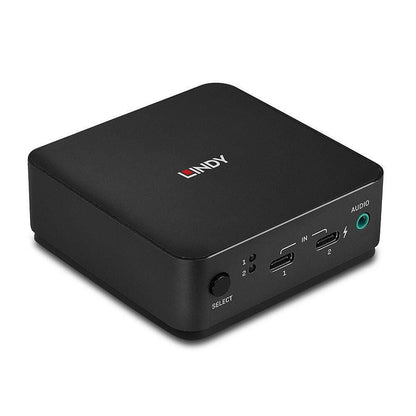 Lindy sort 2 Port Type C DisplayPort 1.2 KVM Switch med 2 HDMI indgange, grøn lydindgang, SELECT-knap, indikatorlamper, 4K.