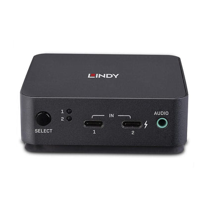 Lindy 2 Port USB-C DisplayPort 1.2 KVM Switch med SELECT-knap, LED, IN 1/IN 2 porte, lynsymbol og grøn audio jack.