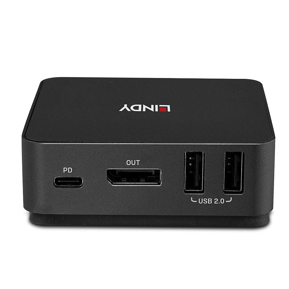 Lindy 2 Port Type C DisplayPort 1.2 KVM Switch sort, USB-C PD, HDMI OUT 4K Ultra HD, 2x USB 2.0 porte, Lindy logo.