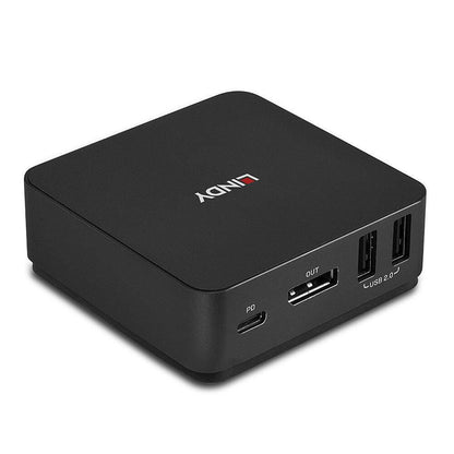 Lindy 2 Port Type C DisplayPort 1.2 KVM Switch i sort med Lindy-logo, USB 2.0 port, DisplayPort 1.2 udgang, PD, 4K support.