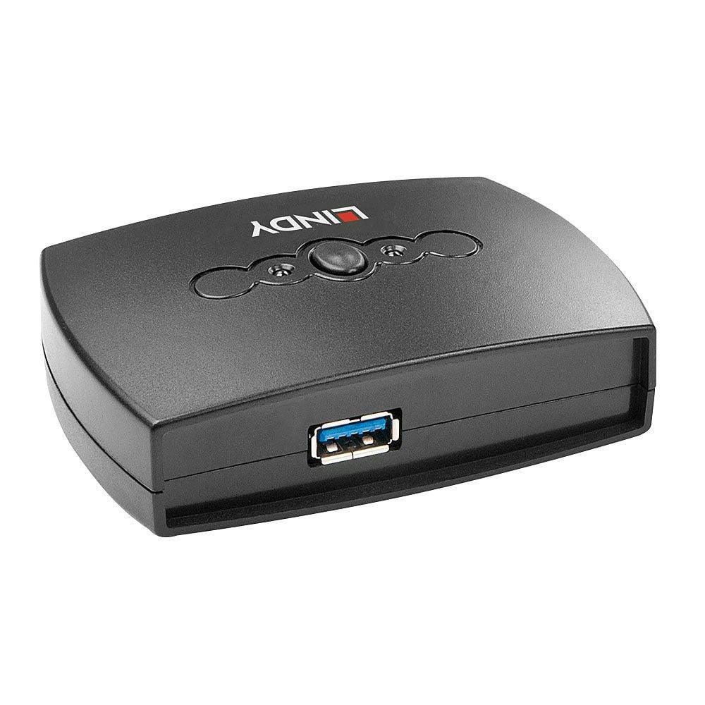 Lindy 2 Port USB 3.0 Switch, sort hub med blå USB-A porte til deling eller skift af USB 3.0-forbindelse mellem til computere.