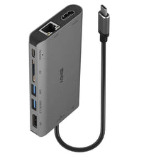 Lindy DST-Mini XT USB-C multiadapter i grå med kort sort kabel, USB-C, HDMI, Gigabit Ethernet, SD, USB-A og DisplayPort.
