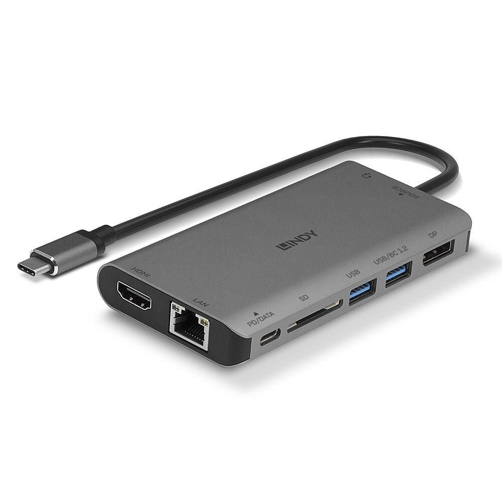 Lindy DST-Mini XT USB-C multiadapter grå med Gigabit Ethernet, SD-kortslot, USB-porte, DisplayPort og kort fastmonteret USB-C kabel.