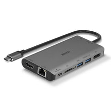 Lindy DST-Mini XT USB-C multiadapter grå med Gigabit Ethernet, SD-kortslot, USB-porte, DisplayPort og kort fastmonteret USB-C kabel.