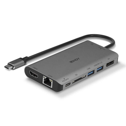 Lindy DST-Mini XT USB-C multiadapter grå med Gigabit Ethernet, SD-kortslot, USB-porte, DisplayPort og kort fastmonteret USB-C kabel.