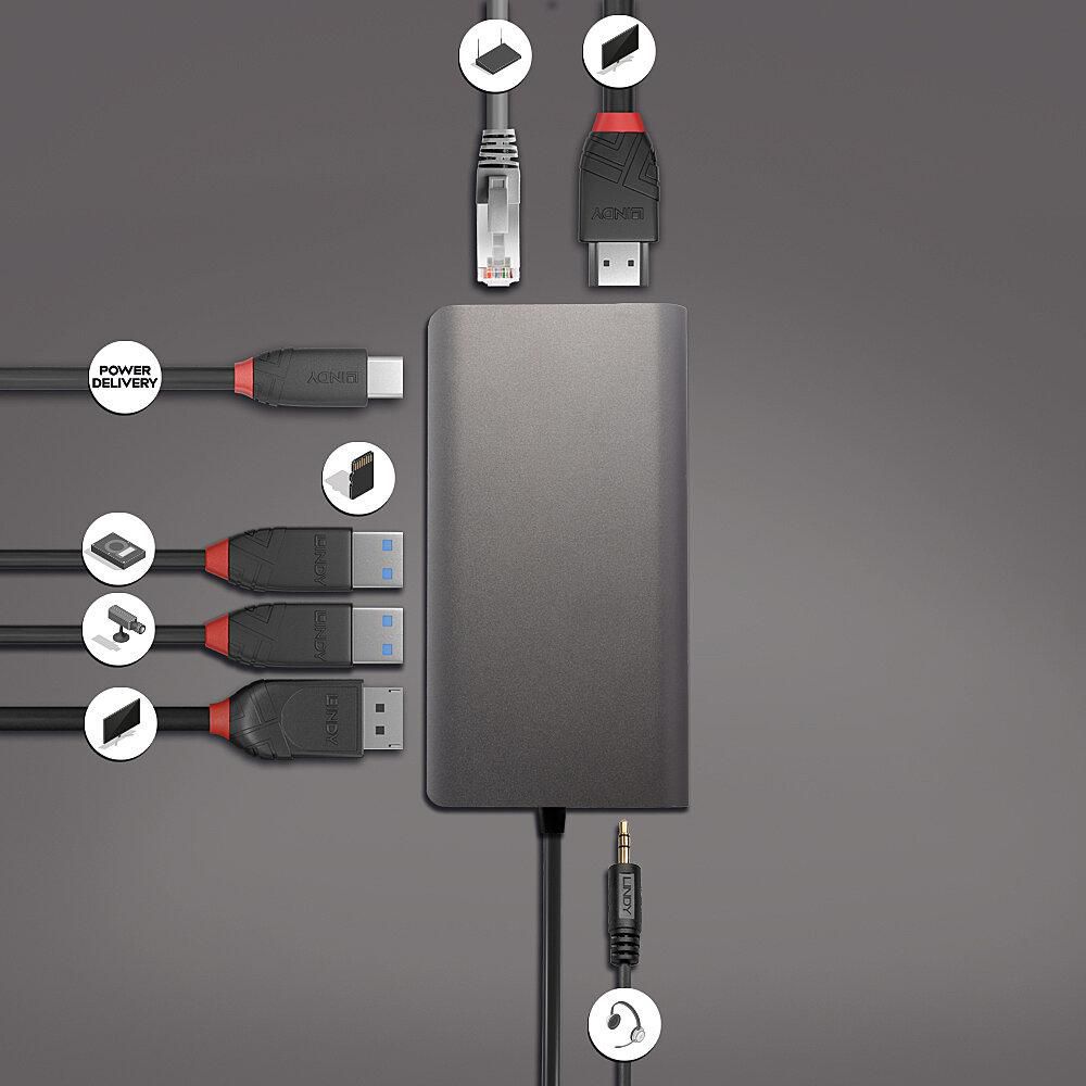 Lindy DST-Mini XT USB-C multiadapter, rektangulær, USB, HDMI, Gigabit Ethernet og lydport med ikonvisning på grå baggrund.