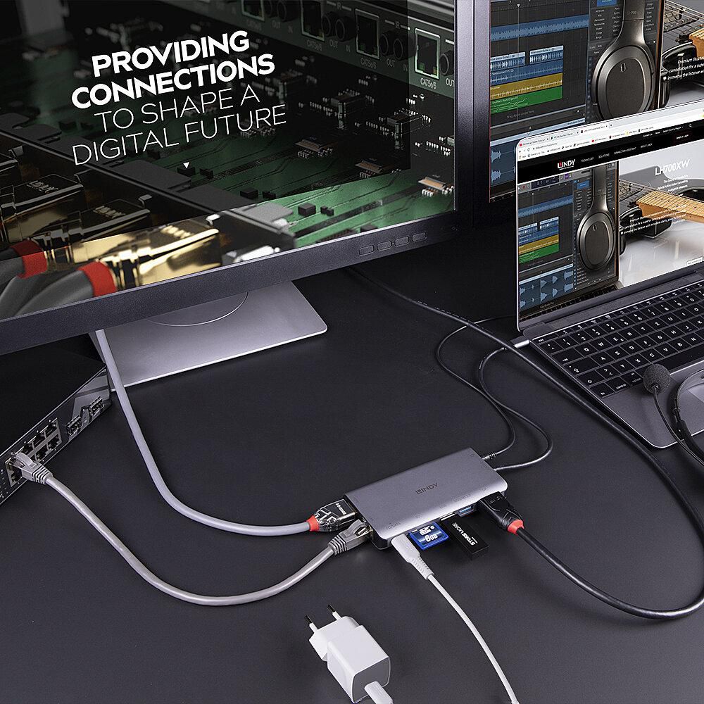 Lindy DST-Mini XT USB-C multiadapter til skærm, laptop, SD-kort, Gigabit Ethernet og strøm, tekst: Tilbyder forbindelser til at forme en digital fremtid.