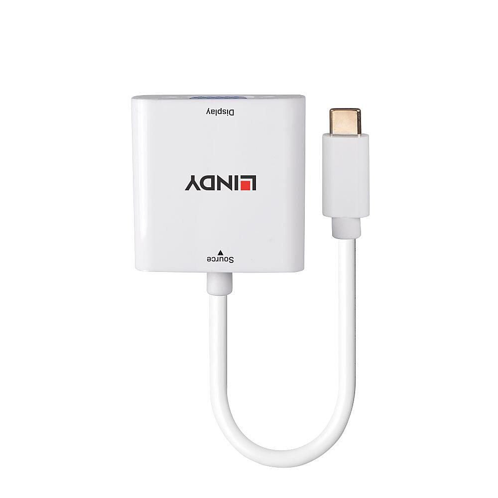 Lindy USB Type C til VGA adapter, hvid, kort kabel, USB-C stik og rektangulært VGA stik, Lindy logo på enheden.