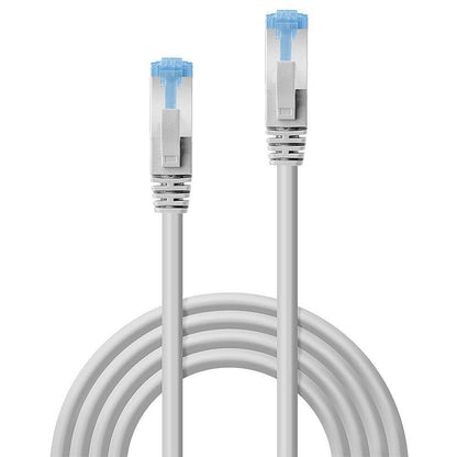 Lindy Cat 6A S/FTP netværkskabel 7,5 m grå, skærmet, RJ45-stik til 10GBase-T, klart stik med blå detaljer.
