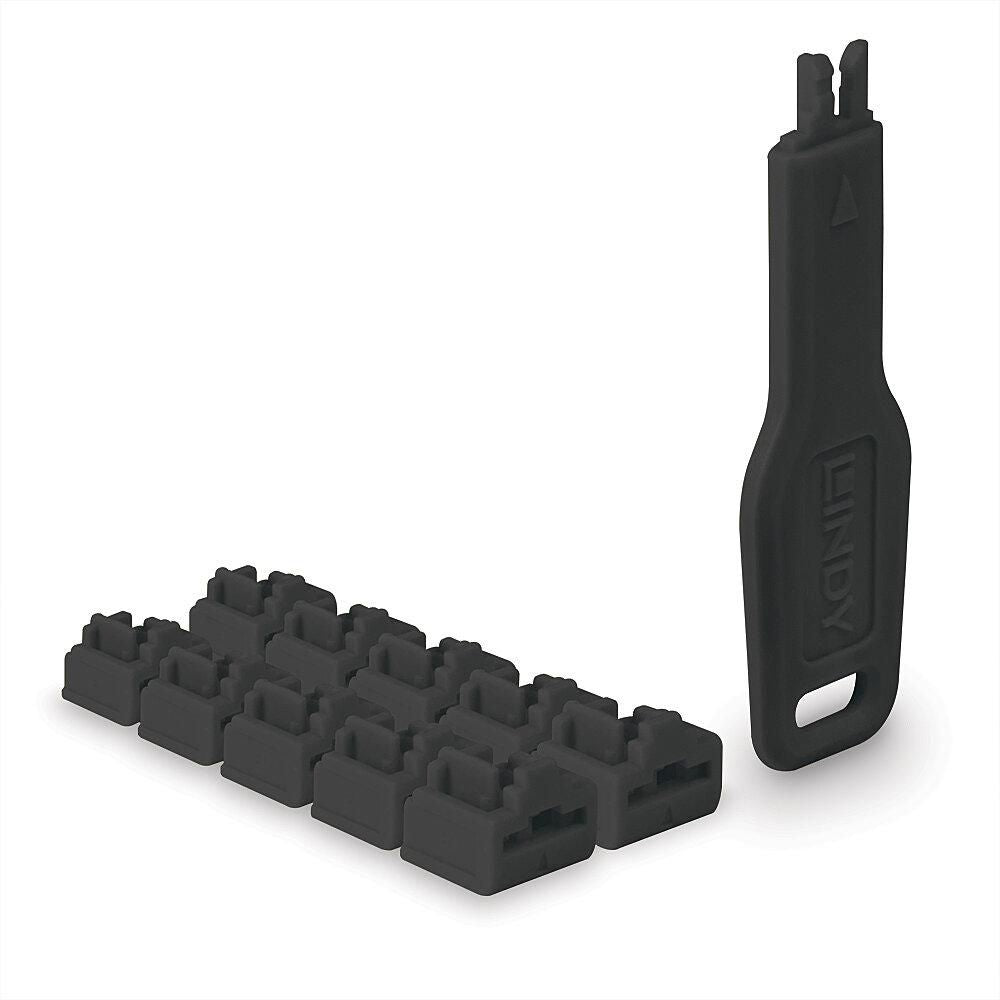 Lindy RJ45 Port Blocker sort 10-pak til blokering af ubrugte RJ45-porte, sort plast, kompakt løsning.