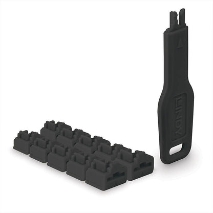 Lindy RJ45 Port Blocker sort 10-pak til blokering af ubrugte RJ45-porte, sort plast, kompakt løsning.