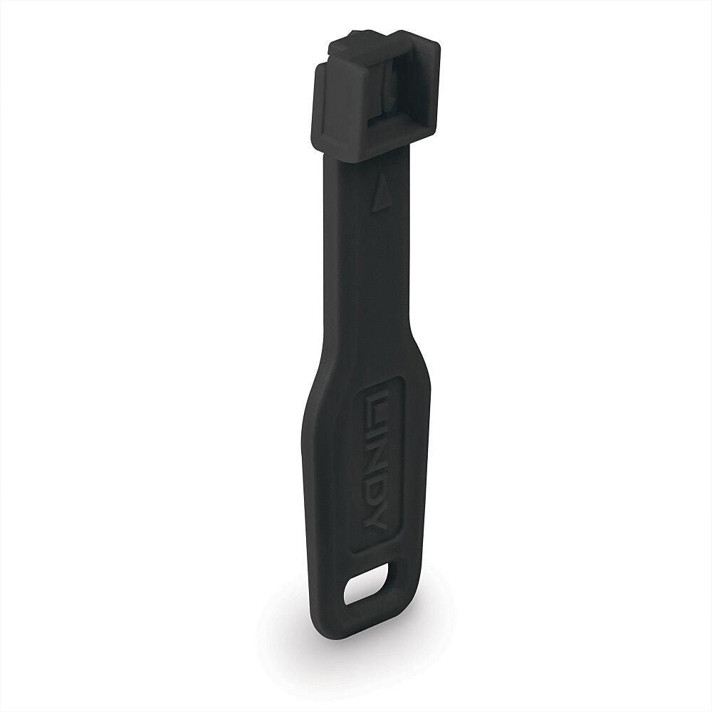 Lindy RJ45 Port Blocker Sort 10-pak, sort plastværktøj med rektangulært håndtag, pilesymbol og åbning i enden.