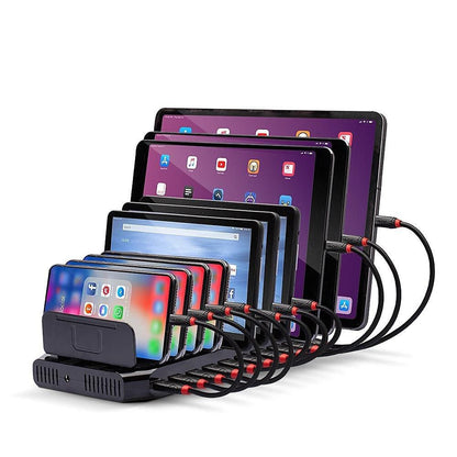 Lindy 96W 10-port USB opladningsstation sort, oplader flere smartphones og tablets i individuelle slots med sorte kabler.