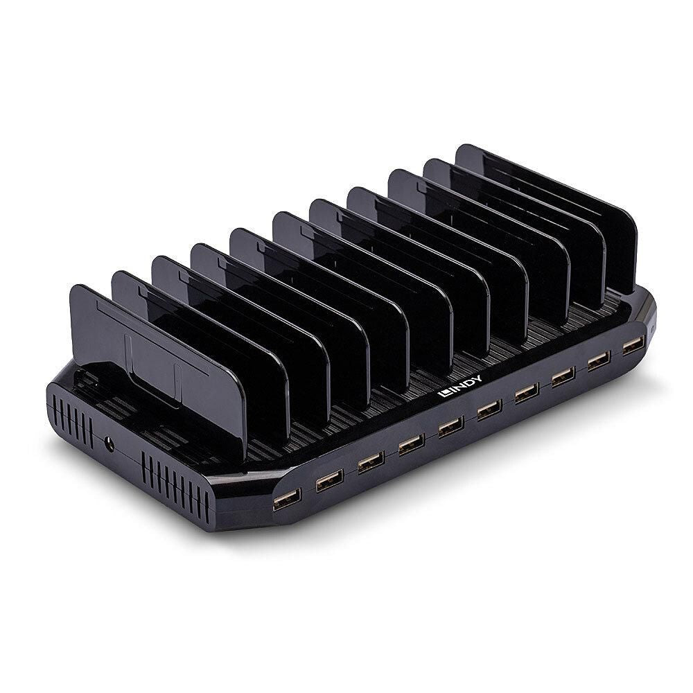 Lindy 96W 10-ports USB-opladningsstation med ti frontvendte slots til samtidig opladning af flere enheder.