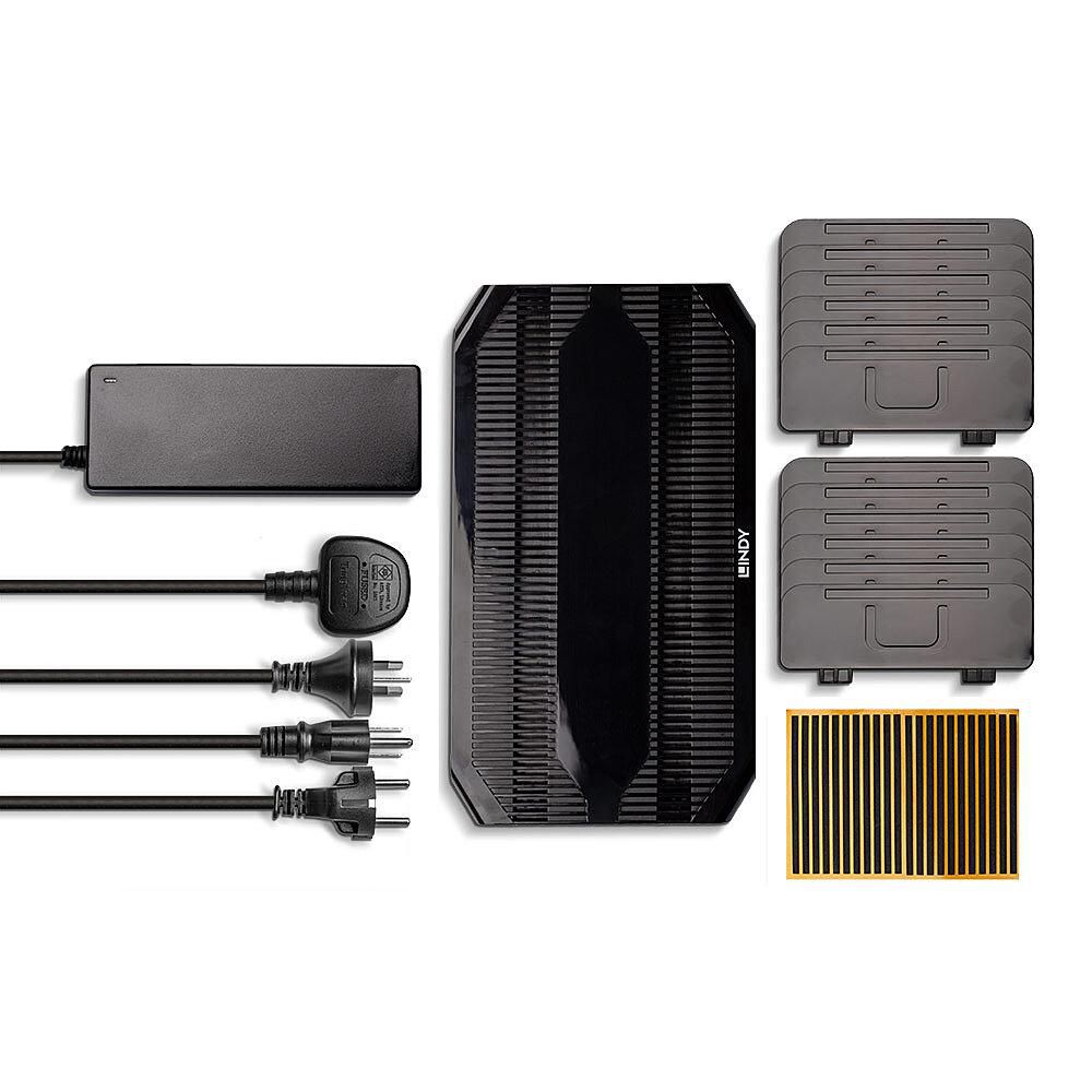 Lindy 96W 10-Port USB-ladestation med strømforsyning, tre kabler, to grå moduler og kort med orange-sorte felter.
