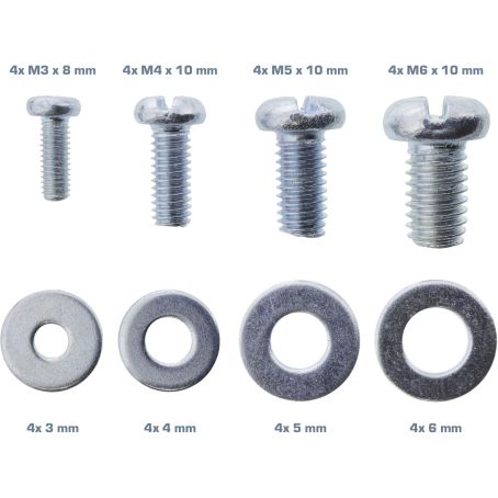 Skruesæt til projektorbeslag 32 dele med M3x8mm, M4x10mm, M5x10mm, M6x10mm skruer og skiver 4x3-4x6 mm i to rækker.