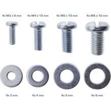 Skruesæt til projektorbeslag 32 dele med M3x8mm, M4x10mm, M5x10mm, M6x10mm skruer og skiver 4x3-4x6 mm i to rækker.